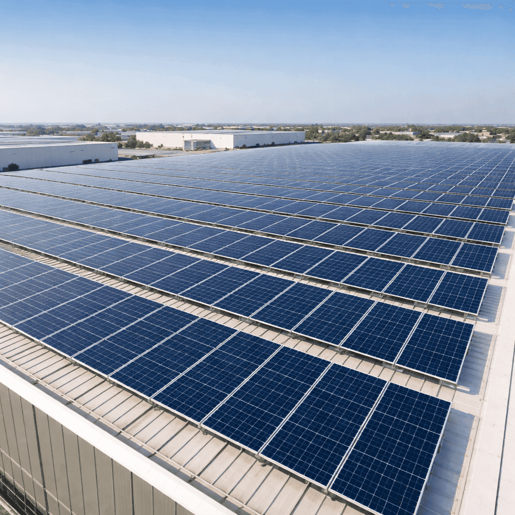 Large industrial warehouse with extensive solar panel installation